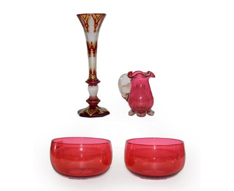 A 19th century Bohemian glass specimen vase with ruby flash and gilt decoration on an incised frosted ground 23cm high, toget