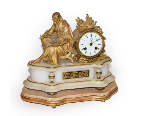 A French 19th century mantle clock with onyx base and gilt figures striking on a bell with pendulum and a gilt base (no dome)