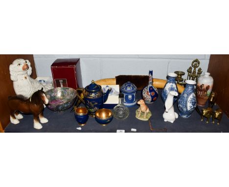 Carlton ware chinoiserie tea wares, Russian porcelain weasel, a Staffordshire seated spaniel, tog with a Neoclassical relief 