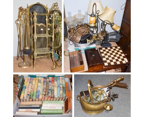 Three metal light pendants, three brass oil lamps (two converted), four table lamps, a box of assorted books, chess board and