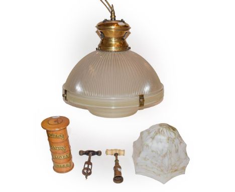 A Treen spice tower, two Victorian wine corkscrews, a lamp shade and light fitting (4).  Spice tower with some wear and scuff