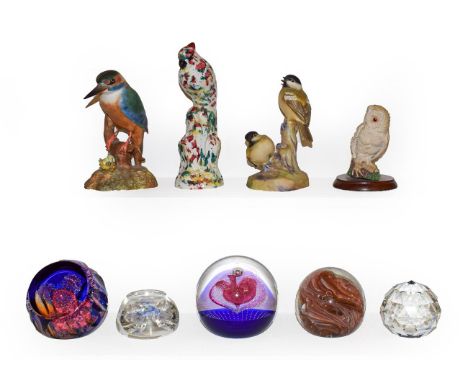 A collection of glass paperweights including Caithness and Bob Banford, together with a collection of bird ornaments, Royal C