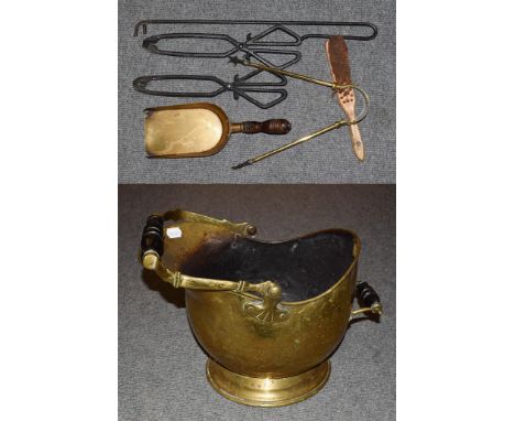 Brass coal bucket and a quantity of fireside tools (7)