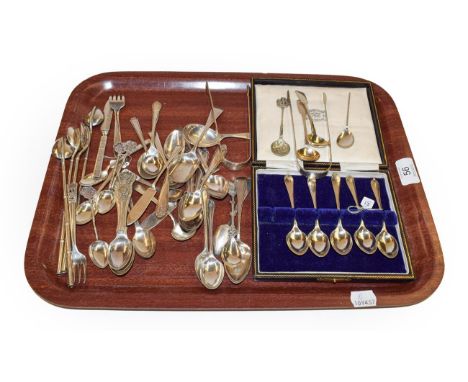 A tray of mainly silver spoons etc including some white metal, majority English, also including Chinese and Swedish examples 