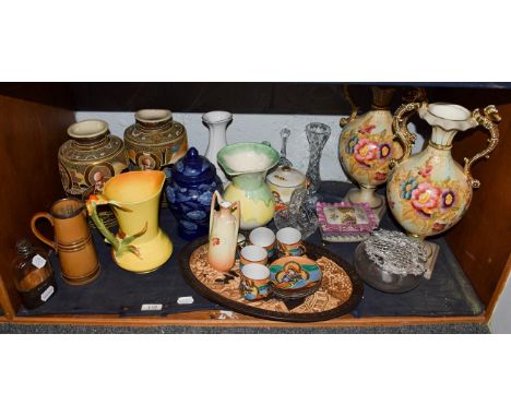 A silver mounted hip flask, silver mounted Doulton jug, Burleigh ware jug, Satsuma vases etc (one shelf)