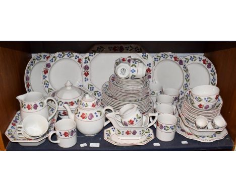 Adams Old Colonial pattern dinner wares including tureen, sauce boat, serving dishes, teapot etc (one shelf) 