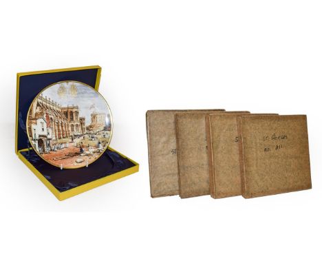 A Royal Worcester shot silk lamp of a boy with a spade by a basket and tree with original shade together with set of five lim