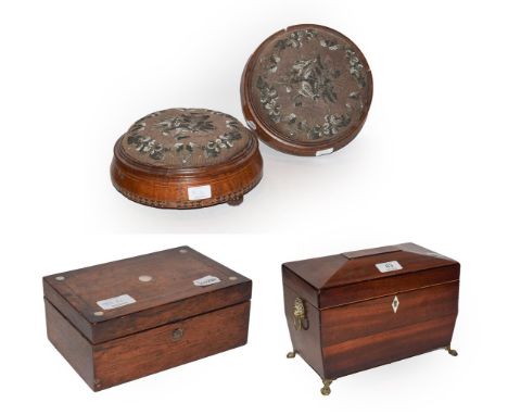 A Regency mahogany sarcophagus for tea caddy, mother of pearl inlaid rosewood box (a.f.), together with a pair of Victorian m