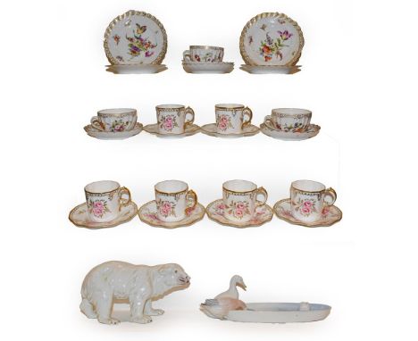 A Royal Crown Derby Royal Pinxton Roses set of six coffee cans and saucers, together with three floral painted Dresden trios,