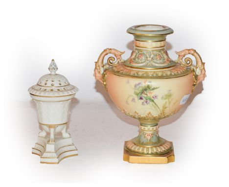 A Grainger Worcester gilt highlighted pot purri vase and cover with pierced lid and standing on three claw feet 17cm high, to