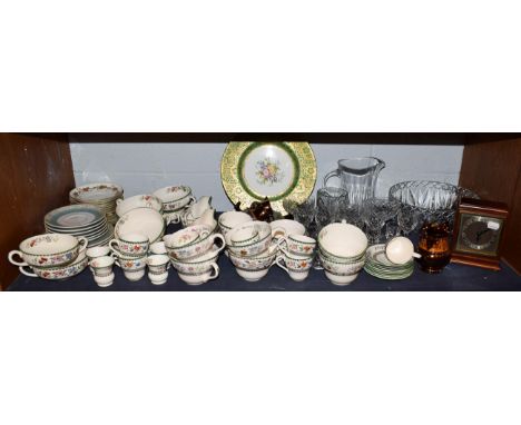 Copeland Spode Chinese Rose pattern tea and dinner wares, quantity of crystal, mahogany cased Elliott mantle timepiece, Wedgw