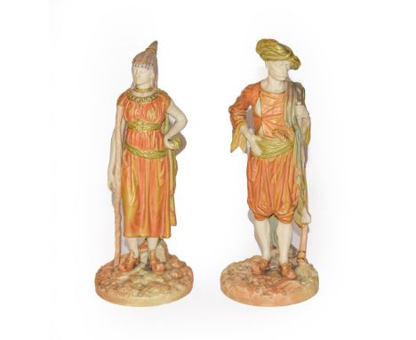 A pair of Royal Worcester figures of a Turkish man and woman circa 1900 both bearing puce marks, each 23cm high.  No damage o