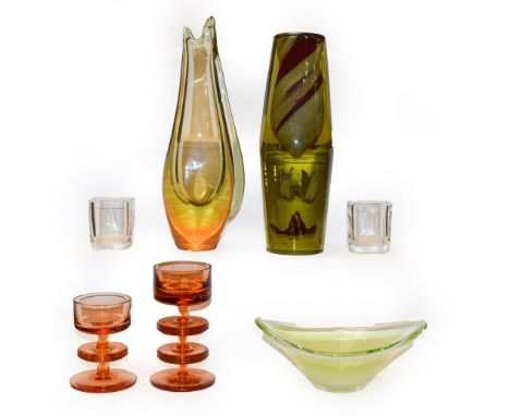 A tray of modern art glass including two tall vases one in the form of a fish, 29cm high, two Wedgwood Sheringham candlestick