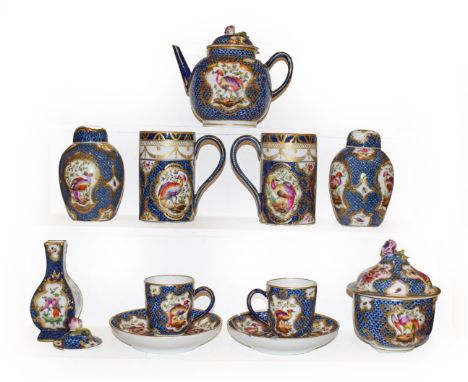 A quantity of 19th century Sampson Worcester, teapot, mugs, jars and covers etc, scale blue ground and decorated with birds (