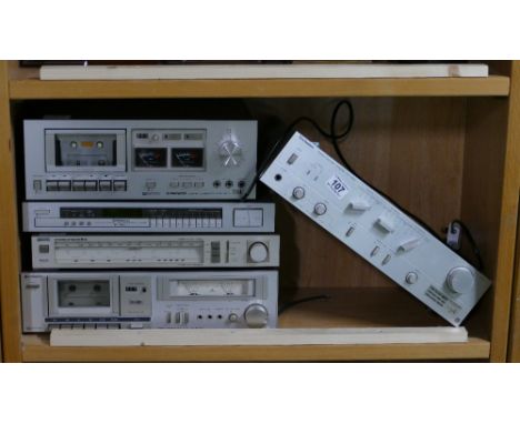 A mixed lot of stereo audio equipment, to include Technics, Marantz, Hitachi and other amplifier radio tuners and tape casset