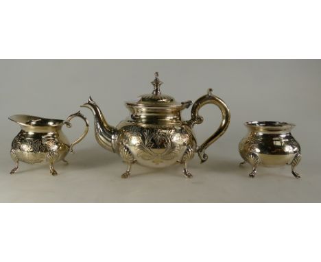 Silver plated teapot, sugar bowl and milk jug (3)