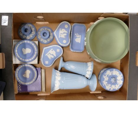 A mixed collection of Jasper Ware to include fruit bowl, trinket boxes, candlesticks, commemorative plates, Winston Churchill