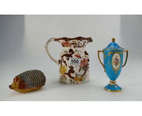 A Masons jug and Wade trinket box in the hedgehog design, together with a Mintons two handled vase, (damaged). (3) 