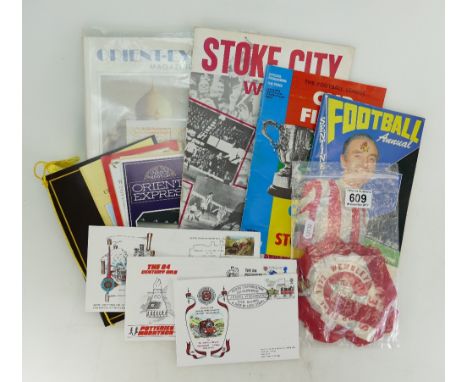 A collection of ephemera including Stoke City 1972 Wembley official souvenir brochure, programme and rossette,brochures, menu