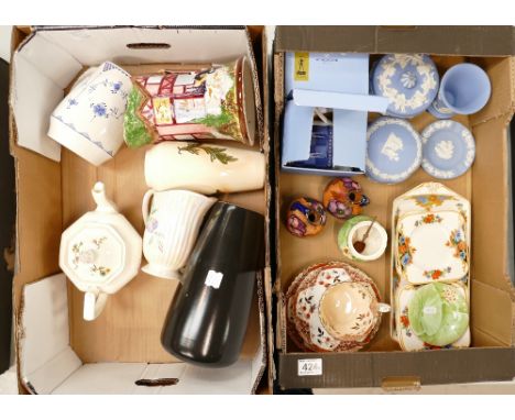 A mixed collection of ceramic items to include Jasper ware, Wedgwood mugs, floral design side plates, vases, with large jugs 