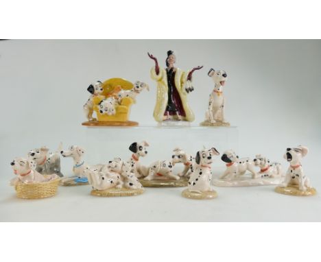 Royal Doulton 101 Dalmation figures, Cruella De Vil DM1, Penny DM2, Penny & Freckles DM3,Rolly DM4, Patch, Rolly & Freckles D
