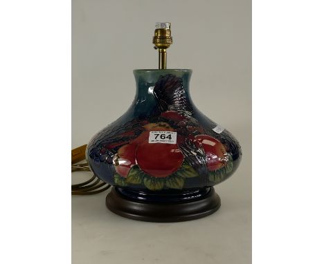 Moorcroft large squat lamp decorated in the finch and berry design on wood plinth with original shade, height 21 cm pottery o