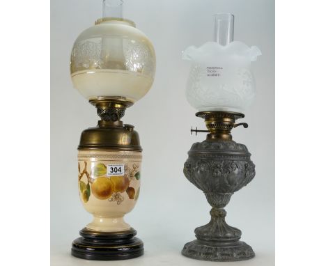 Victorian pottery oil lamp decorated with fruit with glass shade and ornate metal oil lamp with glass shade  (2)