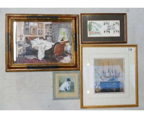 A mixed collection of framed items to include Charles Darwin First Day Cover (post marked Newcastle Staffs), Water colour of 