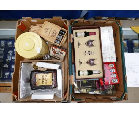 A large mixed collection of alcohol related items to include wines, spirits, glasses, bell decanter etc (2 trays)  