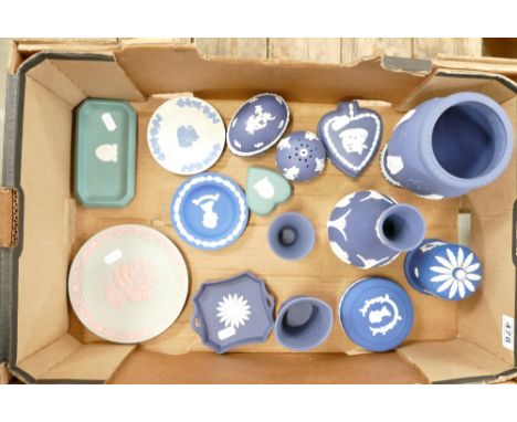A collection of Wedgwood dark blue Jasper Ware, sage green and pink on grey items to include vases, trinket boxes, plates, di