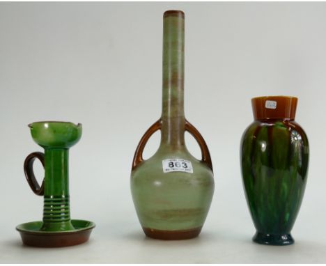 Linthorpe green and brown vase, two handled vase and a candlestick holder (3)