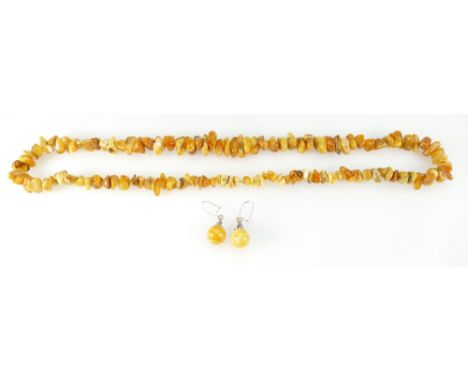 A vintage Amber Baltic Butterscotch Honey Amber necklace with pair amber earrings with silver mounts , 50 grams