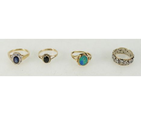 A collection of 9ct gold ladies dress rings set with semi precious stones and 9ct gold and silver eternity ring, 9.6 grams, s