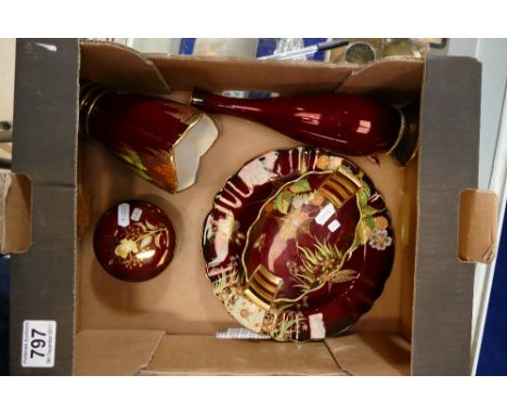 A collection of Carltonware rouge royale items decorated with spiders web, birds etc including plate, vases, trinket box and 
