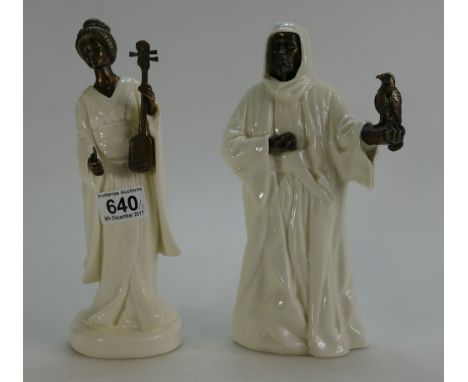 Minton bronze & Ivory pottery figure Geisha MS26 and The Sheikh MS3, boxed(2)