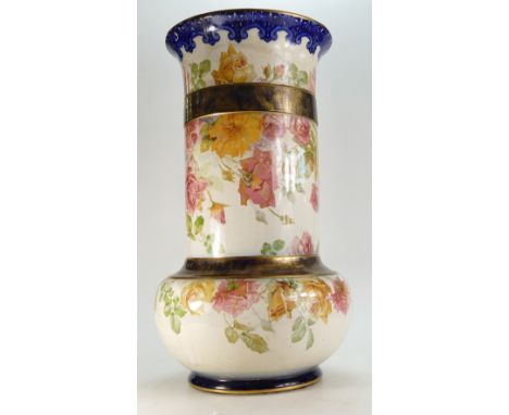 Royal Doulton large stick stand handpainted with roses, unusual underglaze indestructible flowers backstamp, height 59cm (dam