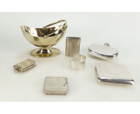 A collection of silver and silver plated items including cigarette cases,compacts, hip flask, silver weight 126.5 grams