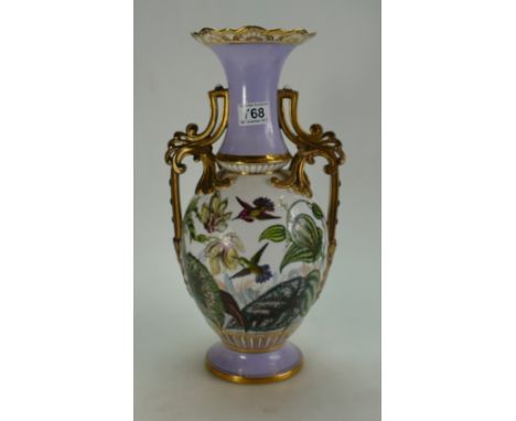 Large Porcelain two handled vase gilded and handpainted with humming birds,butterfly and various flowers signed F R Jones 197