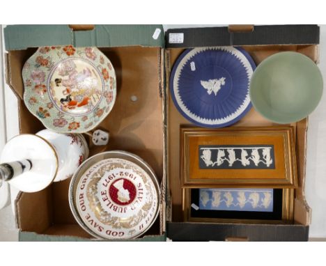A mixed collection of ceramic items to include Jasper Ware, plaques, plates and bowl with lamp, Wedgwood bowl and oriental bo