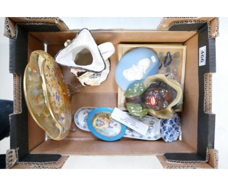 A mixed collection of ceramic items to include framed embroidery, Wedgwood Character figure Lord Mayor and a Breiby bust. 