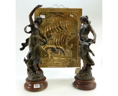 A pair of French Spelter figures after Moreau, modelled as 'La Source' and one other on turned socles with title plates. Heig