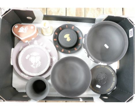 A collection of Wedgwood Jasper Ware items in black, yellow, lilac and terracotta colour way to include dishes, candle stick 