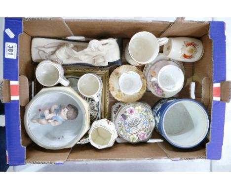 A mixed collection of items to include Adams jasper ware planter, large ceramic decorative wall tile, resin sculpture of recl