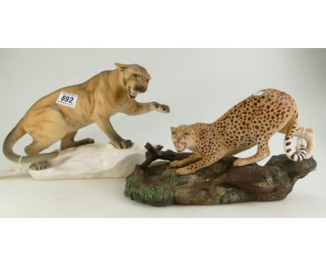 Beswick Large Puma on Rock (detatched from base) and Cheetah on rock (damage to trunk of tree) (2)