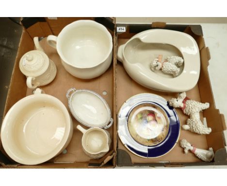 A mixed collection of ceramic items to include bed pans, Wedgwood tea pot, hand painted Worcester plate (damaged) and ceramic