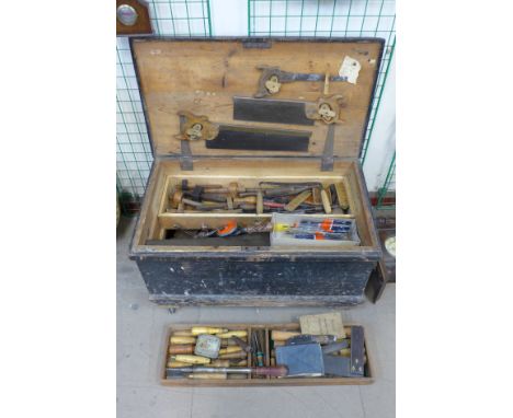 A Victorian pine fitted carpenter's tool chest including tools