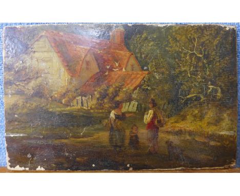 Naive School, figures by a cottage, oil on panel, 11 x 17cms, unframed