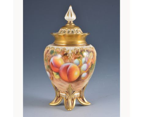 A Royal Worcester pot pourri vase and cover, spahe H277, painted with fruit, signed Roberts, 14cm.