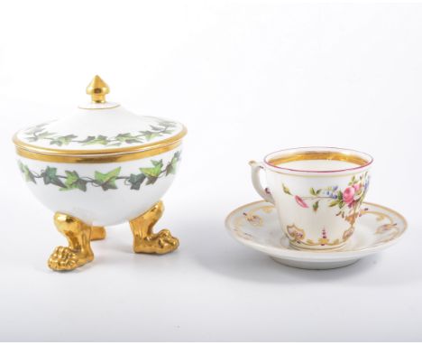French porcelain part tea service, late 19th Century, floral decoration; five similar dessert plates; and a Berlin porcelain 
