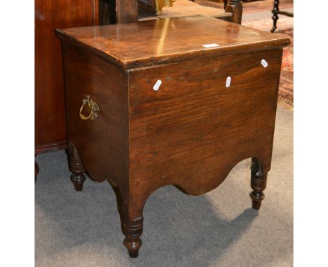 Georgian elm stool commode, adapted, turned legs, width 49cm, depth 40cm, height 51cm.